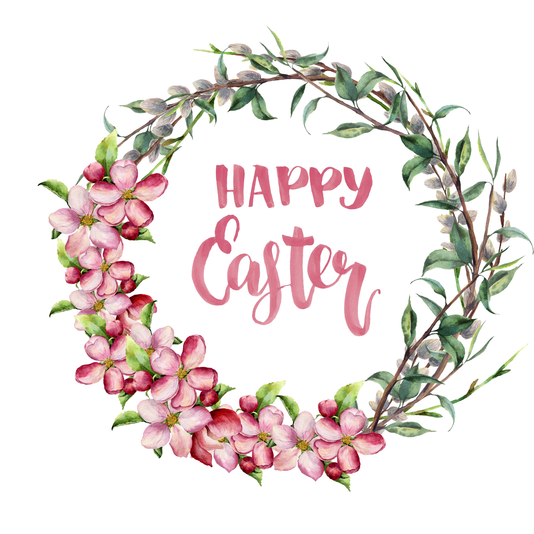 Watercolor Easter wreath with pink blossoms, willow branches, and "Happy Easter" script text.