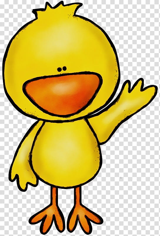 Cheerful yellow cartoon duckling waving with one wing, orange beak and feet, on transparent background.