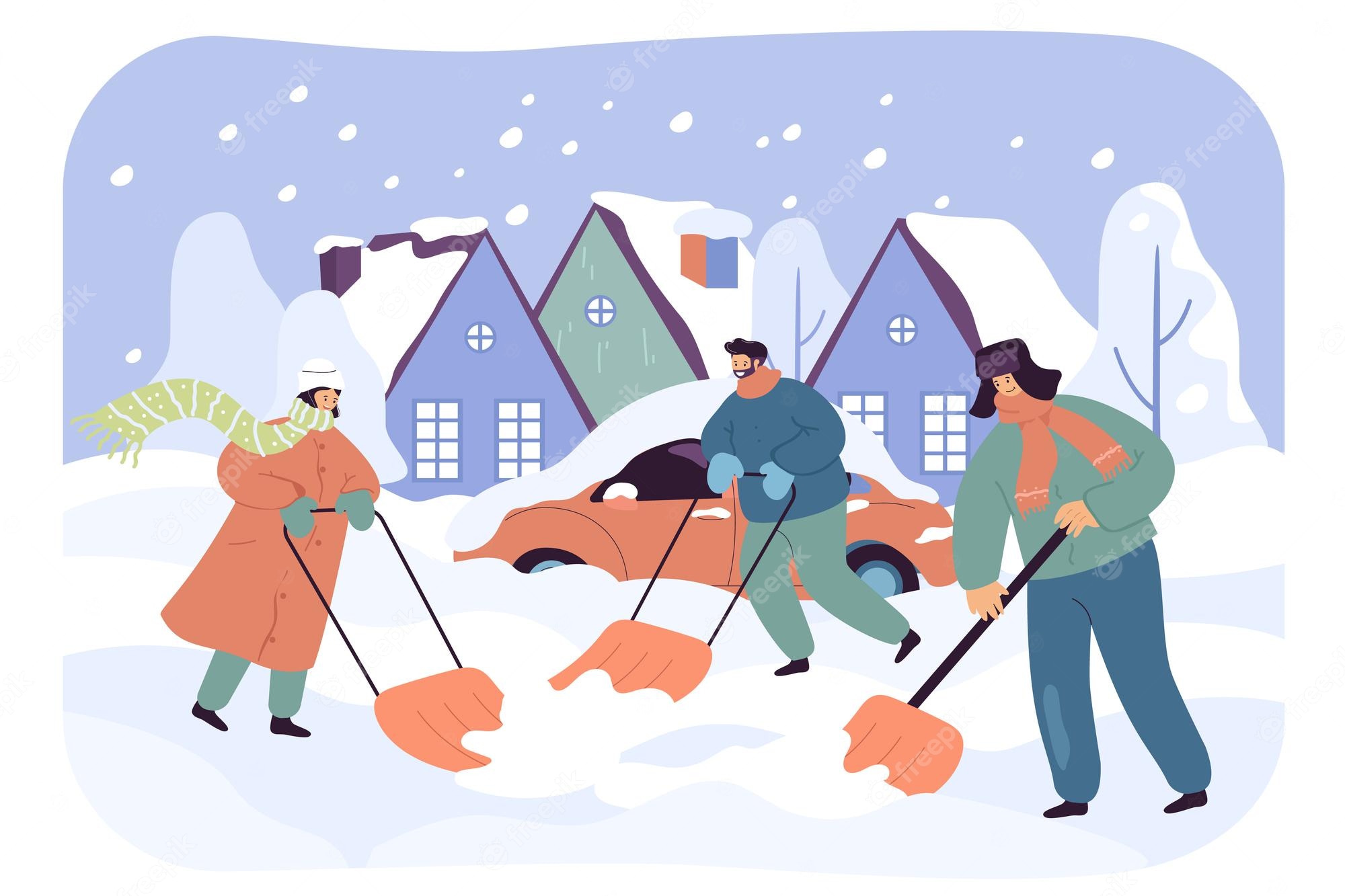 Three people shoveling snow around a car in a snowy village with houses and falling snowflakes.