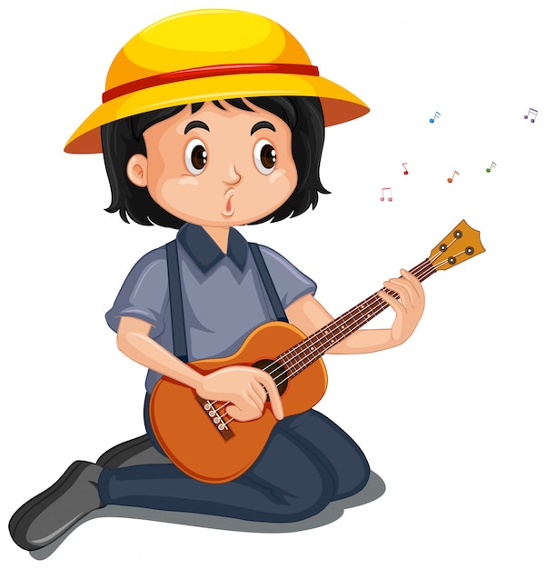 A cartoon child in a yellow hat playing a ukulele with musical notes floating around.