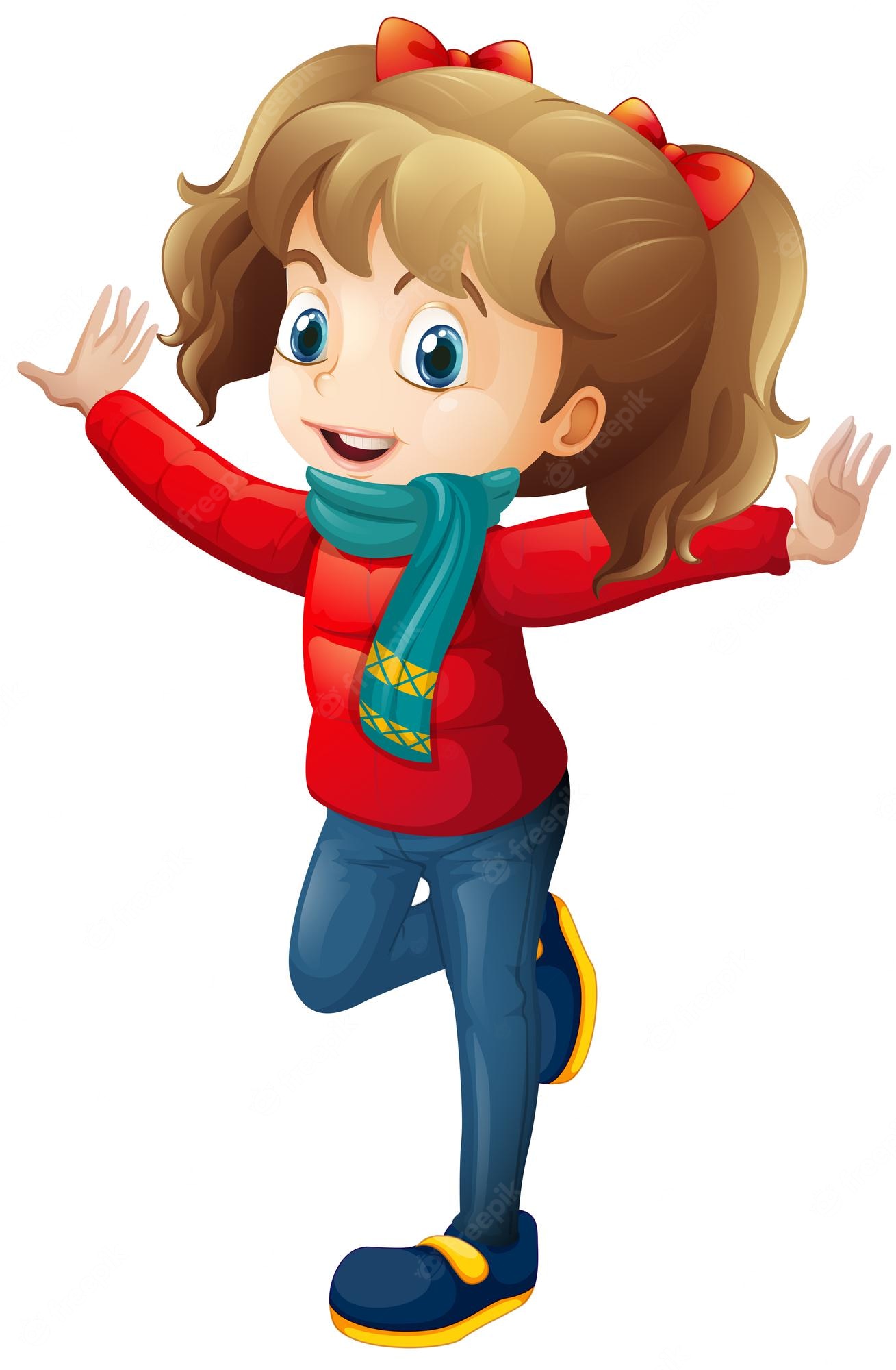 Cheerful cartoon girl with pigtails, red jacket, teal scarf, and blue jeans waving happily.
