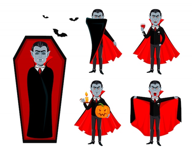 Cartoon vampire character in six Halloween poses: in coffin, cape spread, holding wine, pumpkin, and candle, with bats flying.