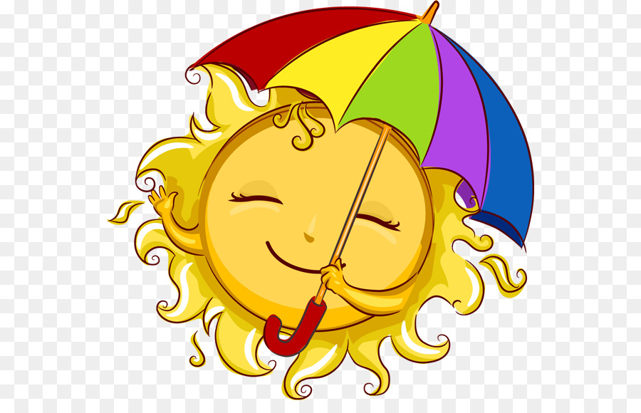 Cheerful cartoon sun holding a rainbow-colored umbrella with closed eyes and a smile.