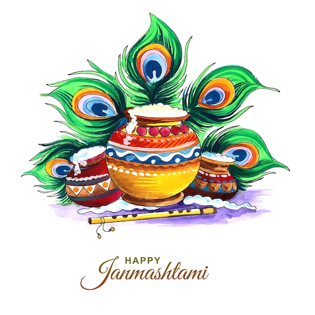 Colorful Janmashtami illustration with decorated pots, peacock feathers, and a flute, celebrating Lord Krishna’s birth.