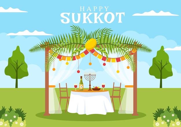 A festive Sukkot scene with a decorated sukkah, table set with wine, etrog, lulav, and menorah under palm fronds.