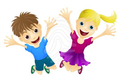 Happy cartoon boy and girl jumping with arms raised, smiling joyfully on white background.