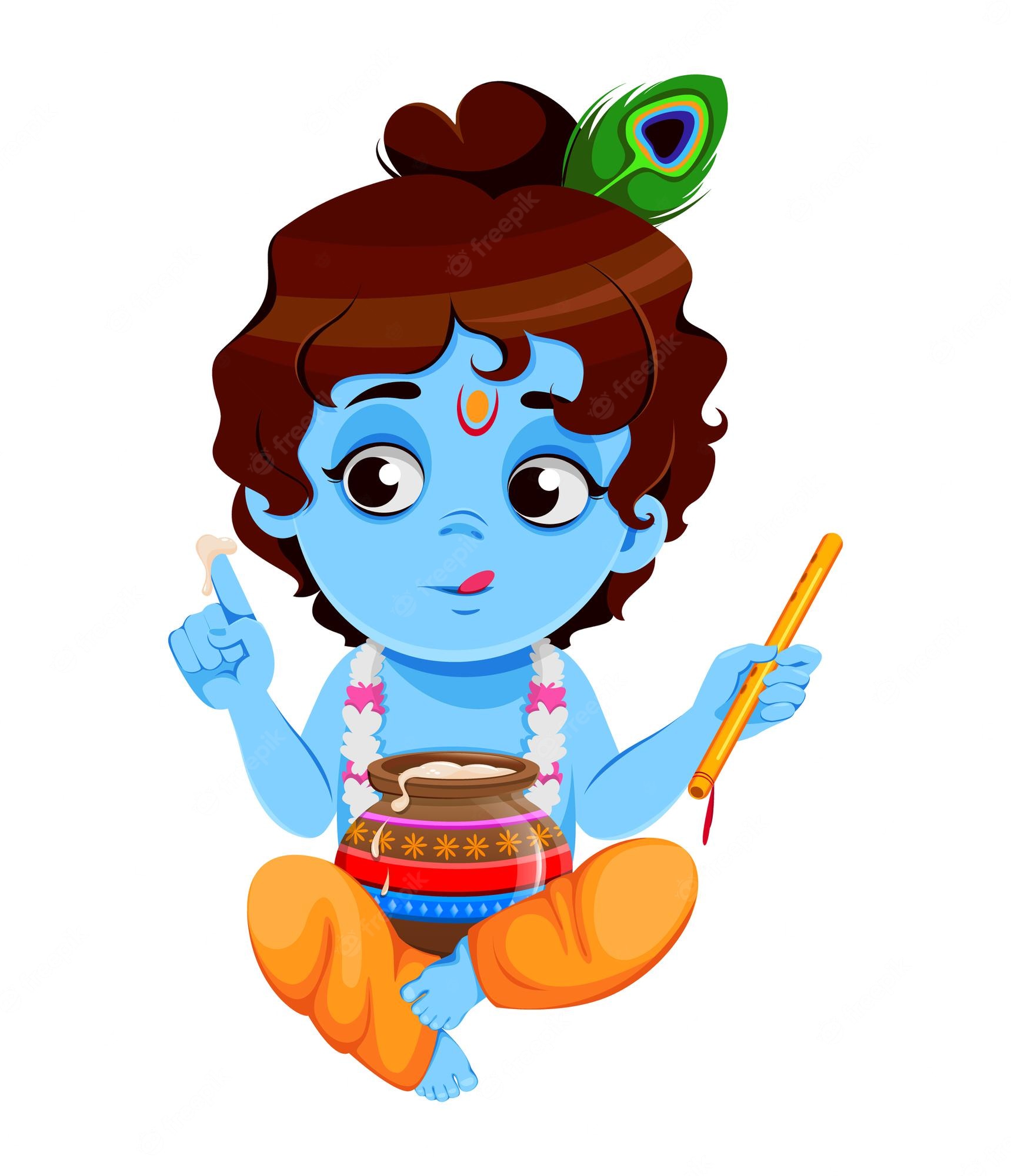 Charming cartoon depiction of baby Krishna with peacock feather, flute, and butter pot, sitting cross-legged.