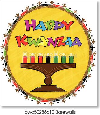 Colorful "Happy Kwanzaa" greeting with kinara and seven candles in red, black, and green, surrounded by decorative border.