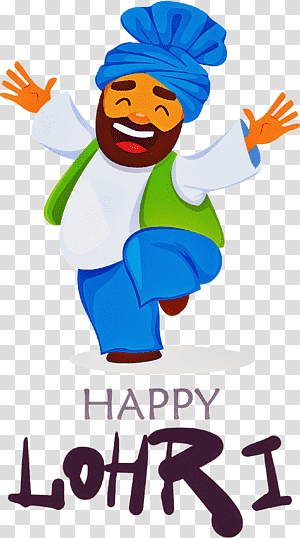 Joyful Punjabi man in blue turban and green vest celebrating Lohri with raised arms and smile.