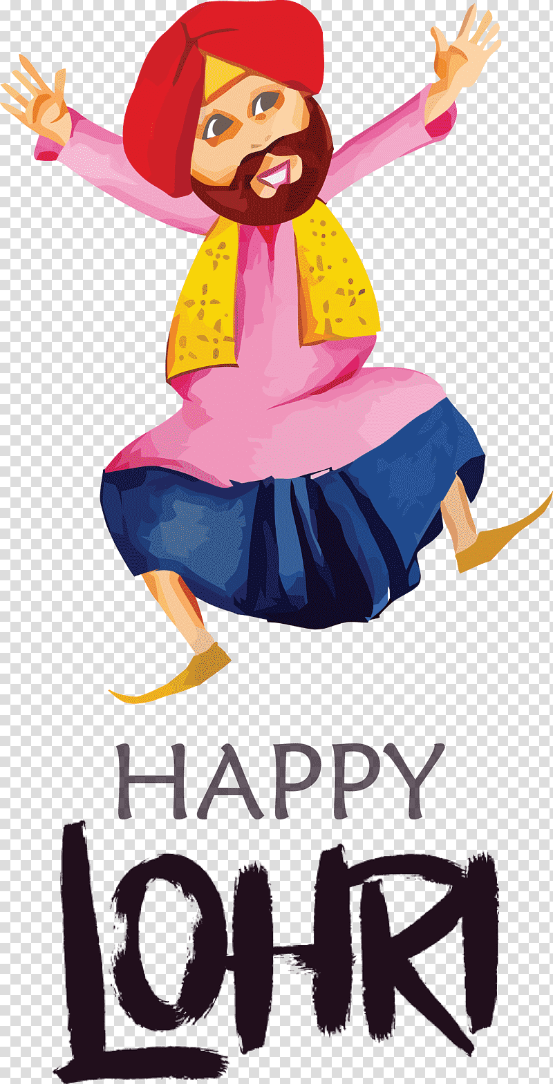 Joyful Punjabi man in traditional attire dancing with "Happy Lohri" text below.
