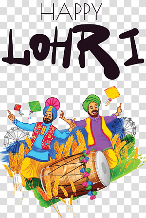 Celebratory illustration of two Punjabi men in traditional attire dancing with dhol drum and wheat fields, greeting "Happy Lohri".