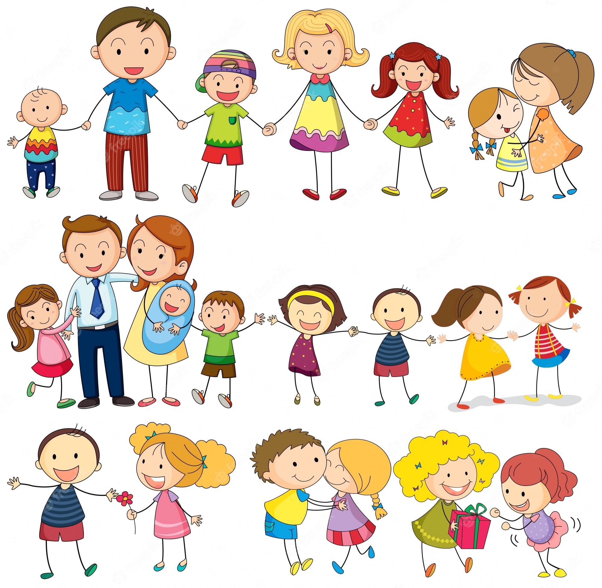 Cheerful cartoon children and families holding hands, smiling, and interacting in joyful group scenes.