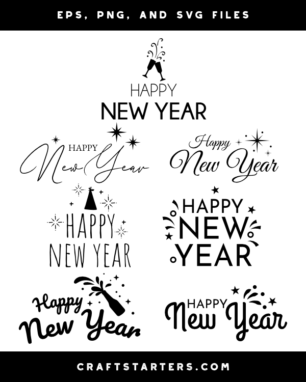 Collection of eight black-and-white "Happy New Year" vector designs with festive elements like stars, champagne, and script fonts.