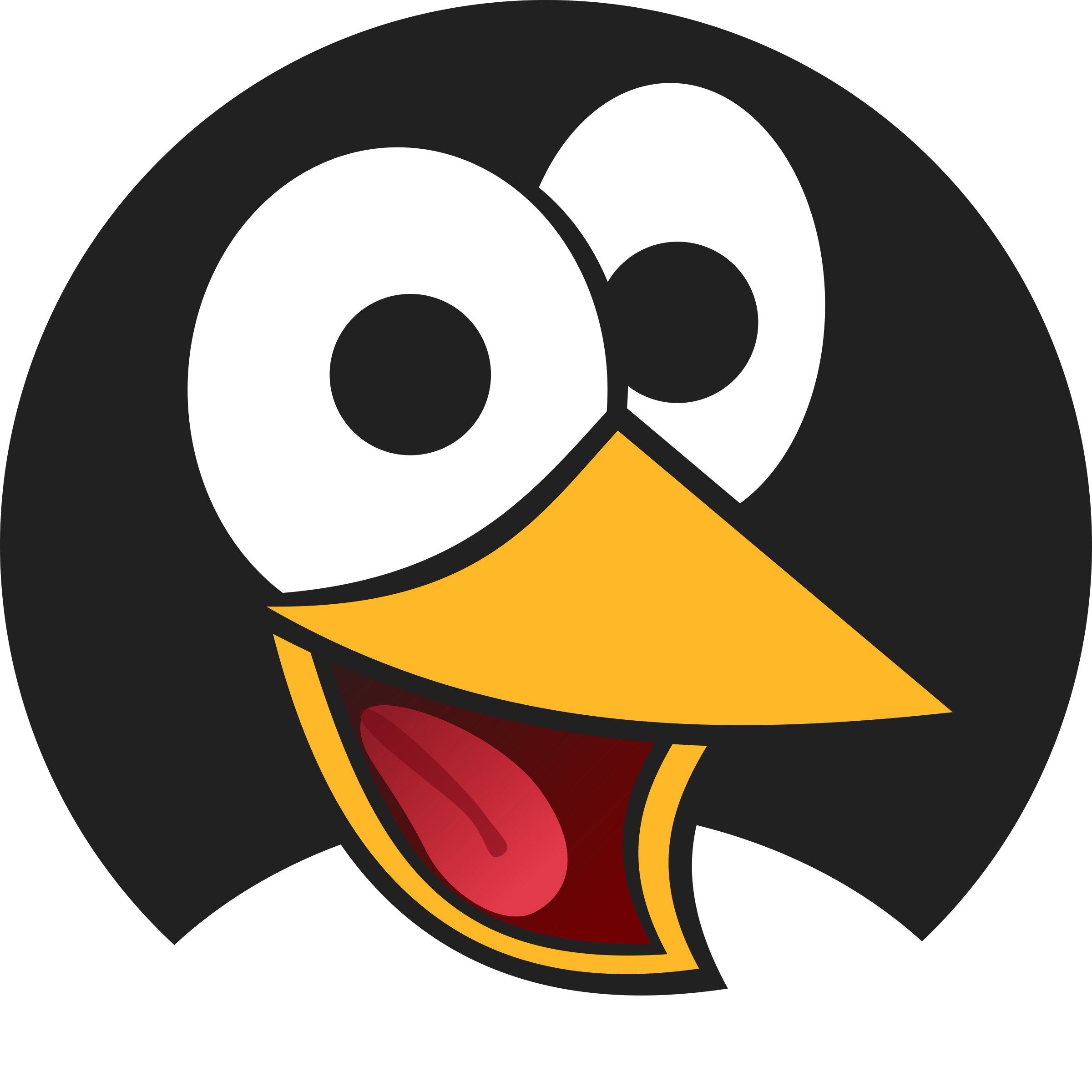 Cartoon penguin face with large white eyes, orange beak, and open mouth showing red tongue, set in a circular frame.