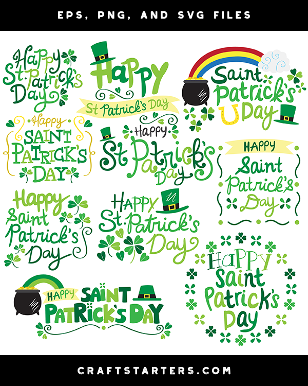 Collection of colorful "Happy Saint Patrick's Day" vector graphics with shamrocks, leprechaun hats, and rainbows.