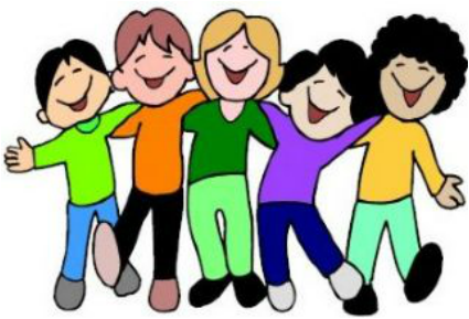 Five diverse, smiling cartoon children standing arm-in-arm in colorful clothes, symbolizing friendship and inclusion.