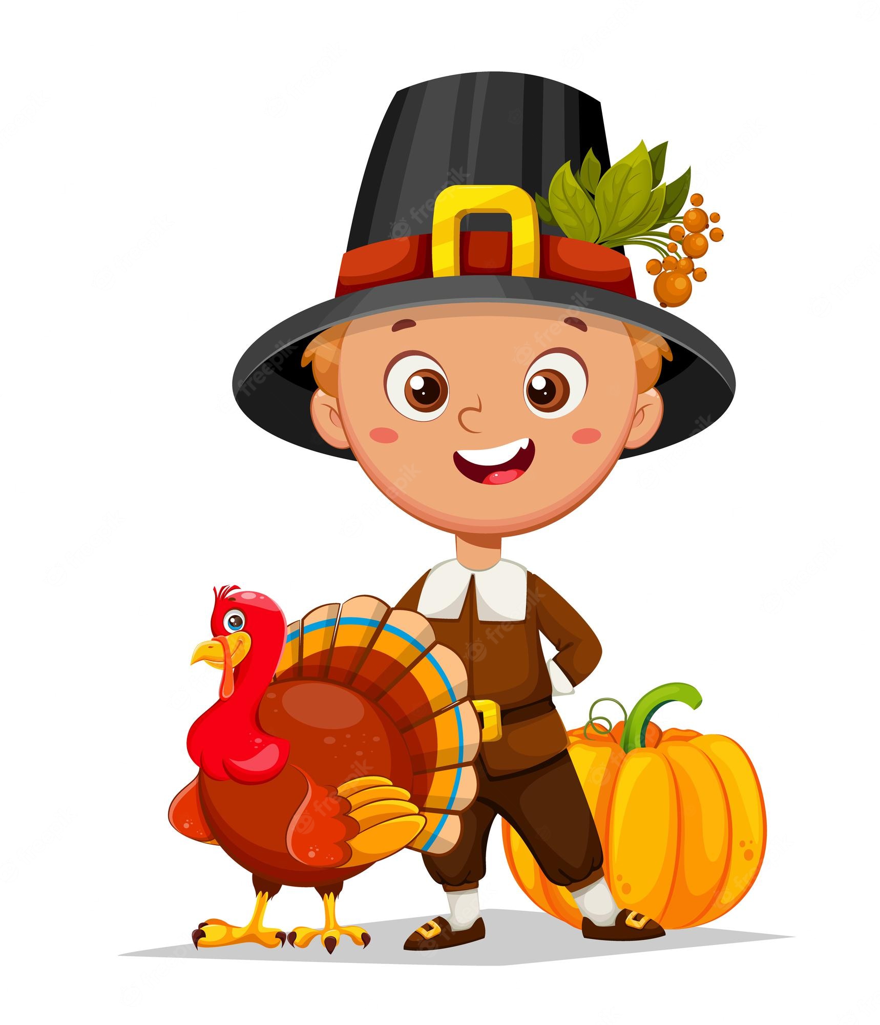 Cheerful cartoon Pilgrim boy in traditional hat with turkey and pumpkin, celebrating Thanksgiving.