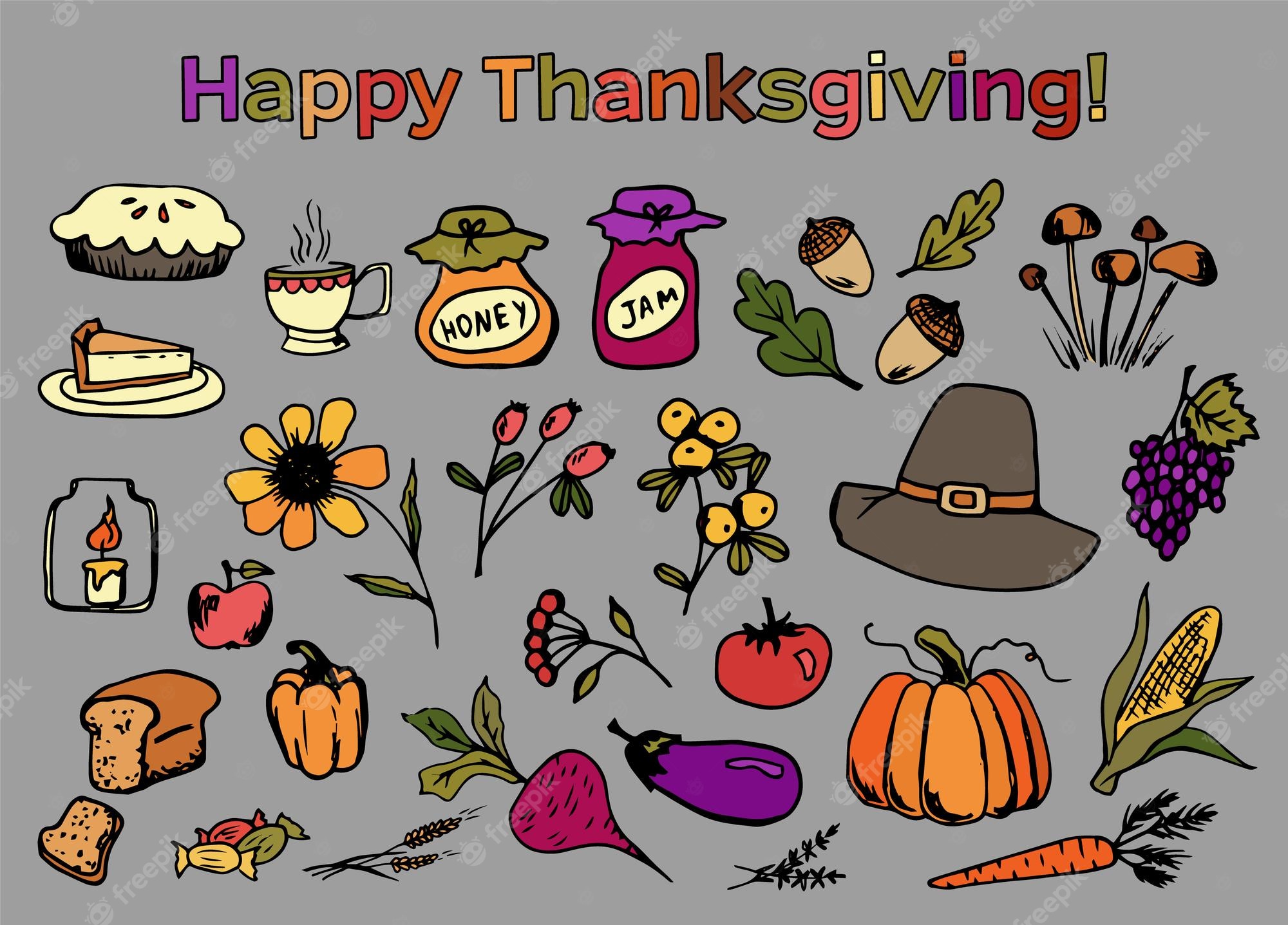 Colorful Thanksgiving-themed doodles including pie, pumpkin, corn, jam, honey, pilgrim hat, and autumn produce on gray background.