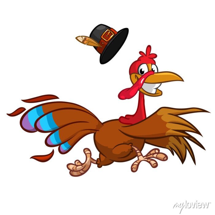 Cartoon turkey wearing a pilgrim hat, running joyfully with colorful tail feathers.
