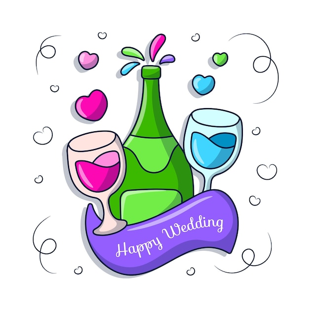 Colorful wedding illustration with green champagne bottle, two wine glasses, hearts, and "Happy Wedding" banner.