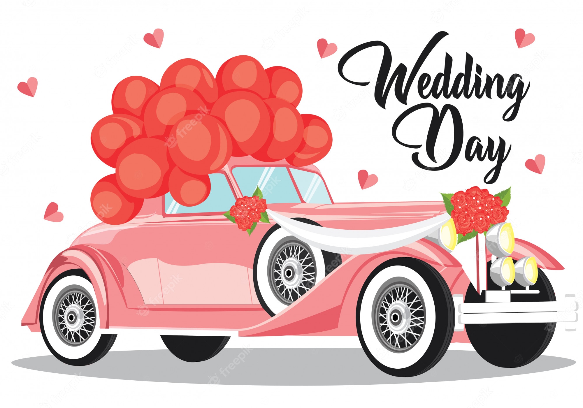 Vintage Pink Wedding Car Illustration - Festive & Romantic Design