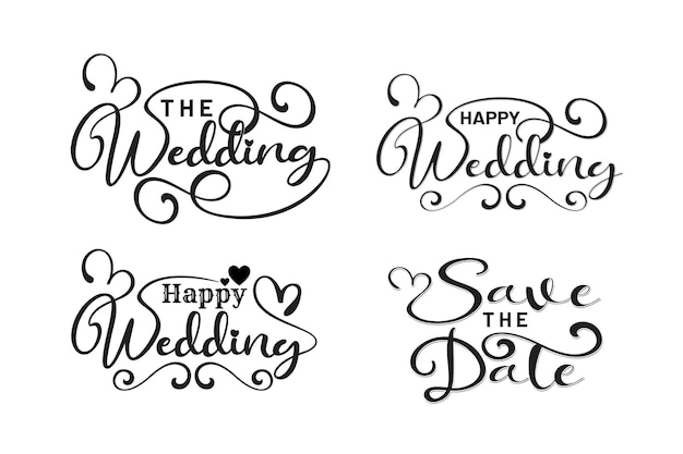 Four elegant black-and-white calligraphic wedding phrases: "The Wedding", "Happy Wedding" (two styles), and "Save the Date".