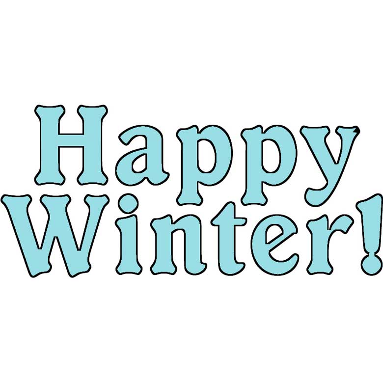 Light blue "Happy Winter!" text in playful rounded font on white background.
