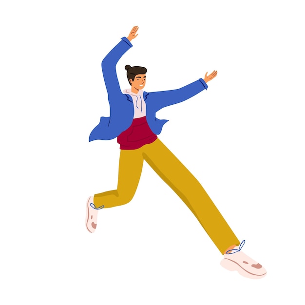 Joyful young man leaping mid-air with arms raised, wearing blue jacket, red hoodie, yellow pants, and white sneakers.