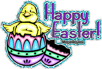 Cheerful yellow chick hatching from a colorful Easter egg on purple background with "Happy Easter!" text.