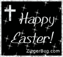 Black background with white "Happy Easter!" text, cross symbol, starbursts, and ZingerBug.com watermark.