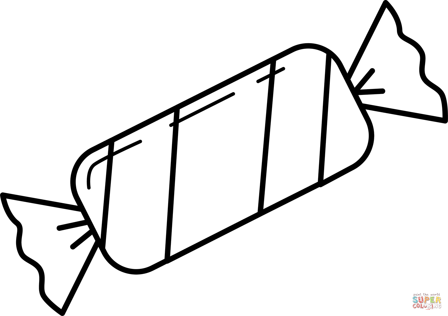 Black-and-white line drawing of a wrapped candy with twisted ends and striped wrapper.