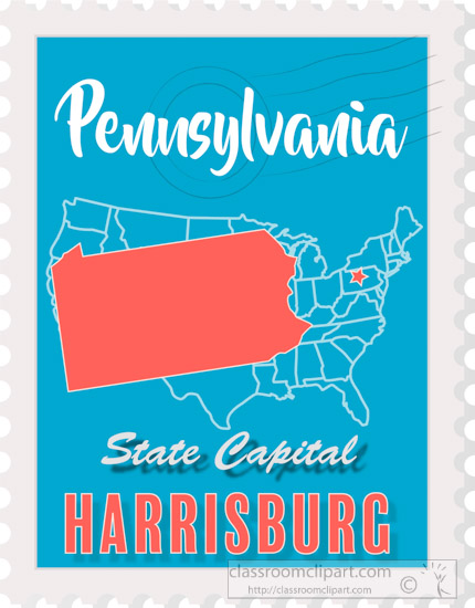 Pennsylvania state map stamp highlighting Harrisburg as the capital city in red on a blue background.
