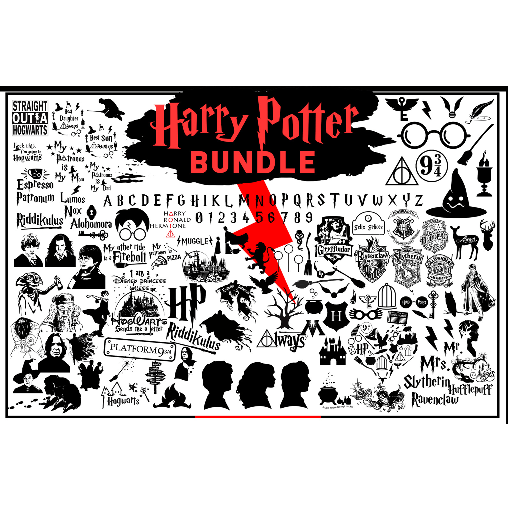 Harry Potter-themed SVG bundle with icons, quotes, house crests, characters, and magical symbols in black, white, and red.