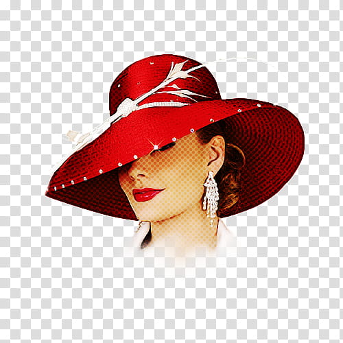 Elegant woman in a red wide-brimmed hat with white feather and rhinestone trim, wearing chandelier earrings and bold red lipstick.