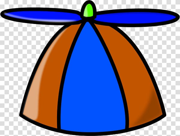 A cartoon-style propeller hat with blue and orange panels and a green propeller on top.