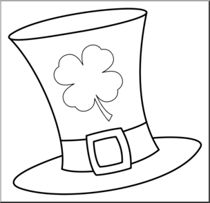 Black-and-white line drawing of a leprechaun’s top hat with a shamrock and buckle.