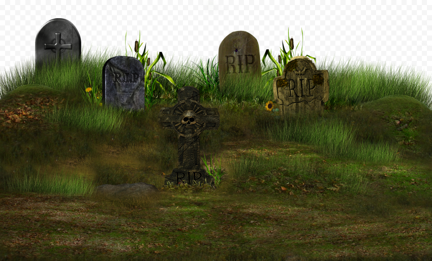 Haunted graveyard scene with weathered tombstones, skull-cross grave marker, overgrown grass, and wildflowers on a mossy hill.