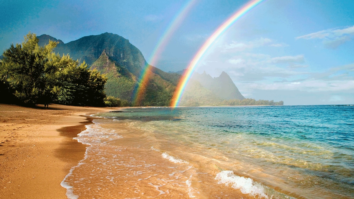 Stunning Double Rainbow at Tropical Beach - Nature’s Perfect Moment