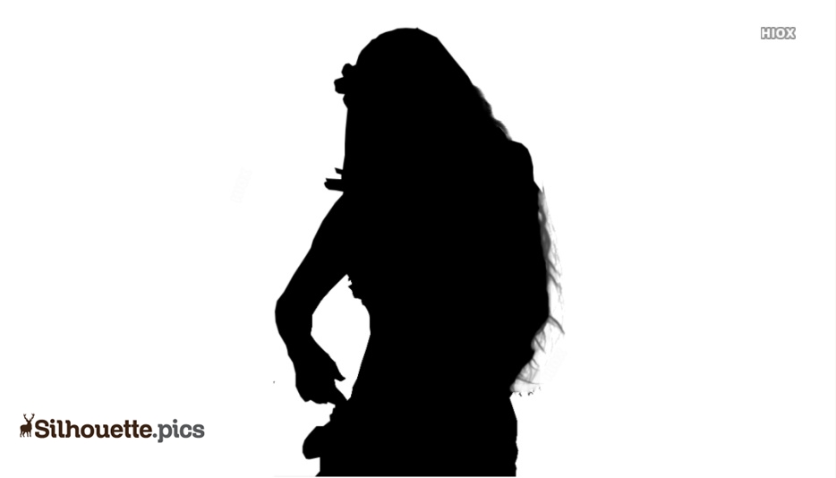 Silhouette of a woman with long hair, one hand on hip, in profile against white background.