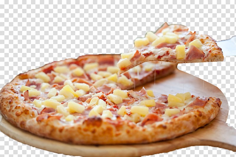 Hawaiian pizza with ham, pineapple, and melted cheese on a wooden peel, one slice being lifted.