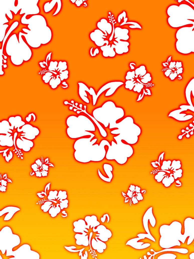 Vibrant orange background with white hibiscus floral pattern, tropical summer aesthetic.