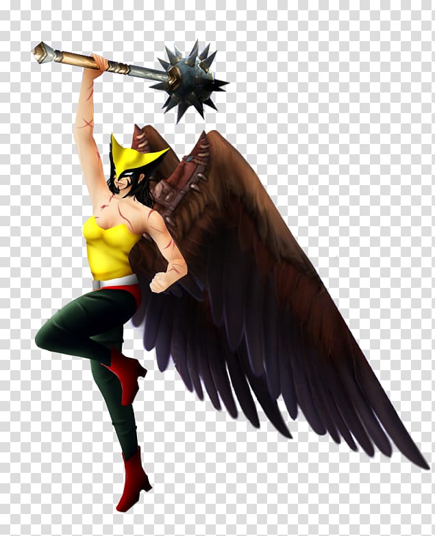 A winged female warrior in yellow top and green pants wields a spiked mace, mid-leap with dynamic pose and battle scars.