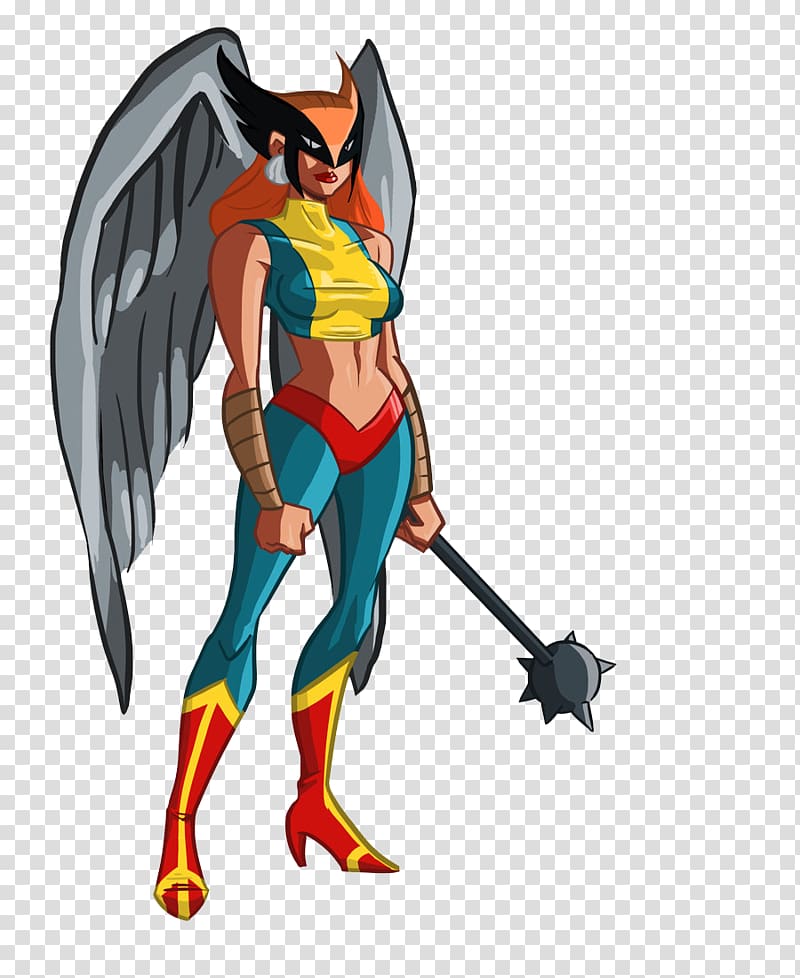 A female superhero with gray wings, orange hair, black mask, and colorful costume holding a spiked mace.