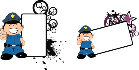 Cheerful cartoon police officer giving thumbs-up beside blank sign with decorative swirls and stars.