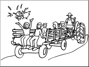 A joyful group of people riding on a tractor-pulled wagon, waving and tossing leaves in the air.