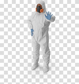 Person in white hazmat suit with respirator and blue gloves, standing with hand raised.