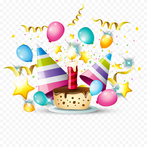 Festive birthday scene with chocolate cake, lit candle, party hats, balloons, confetti, and streamers on transparent background.