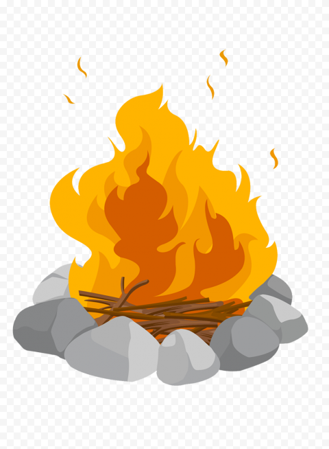A cartoon-style campfire with bright orange flames, burning twigs, and surrounding gray stones on a transparent background.