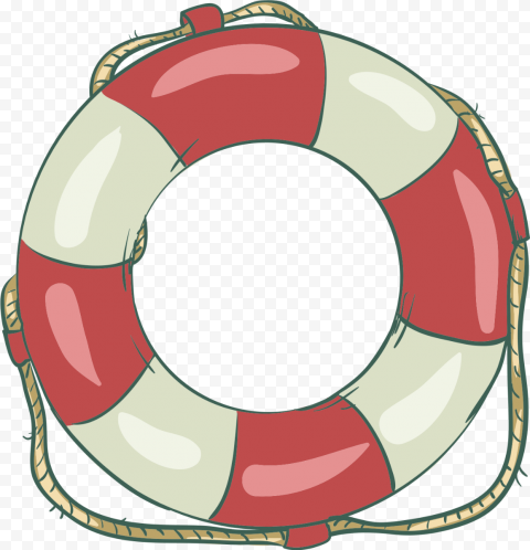 Red and white striped lifebuoy with rope, cartoon-style safety flotation device.