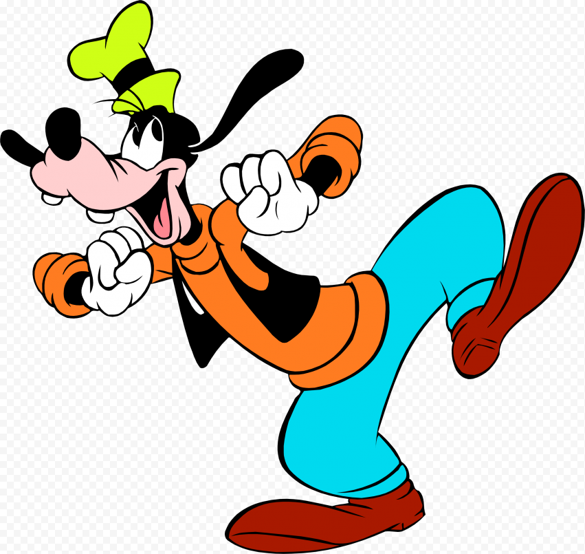 Goofy in a joyful running pose, wearing an orange shirt, blue pants, brown shoes, and a green hat.